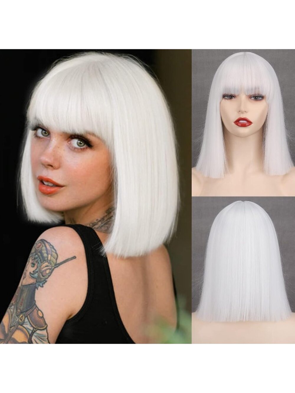 Women's White 11 Inch Heat Resistant Synthetic Short Straight Wigs Bangs